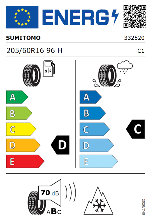 Tyre Label for Sumitomo WT200 205/60R16 96H