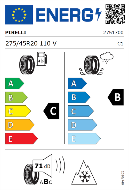 Tyre Label for Pirelli Scorpion Winter 275/45R20 110V
