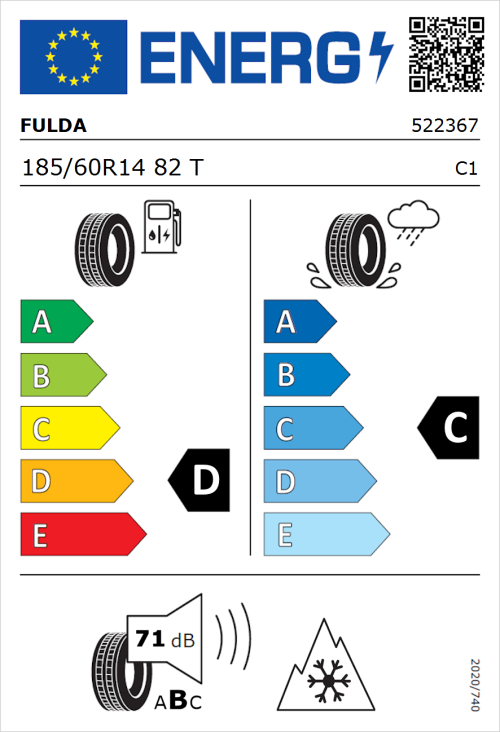 Tyre Label for Fulda Kristall Montero 3 185/60R14 82T