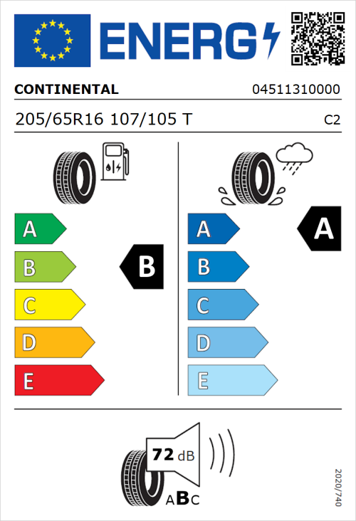 Tyre Label for Continental ContiVanContact 200 205/65R16 107/105T